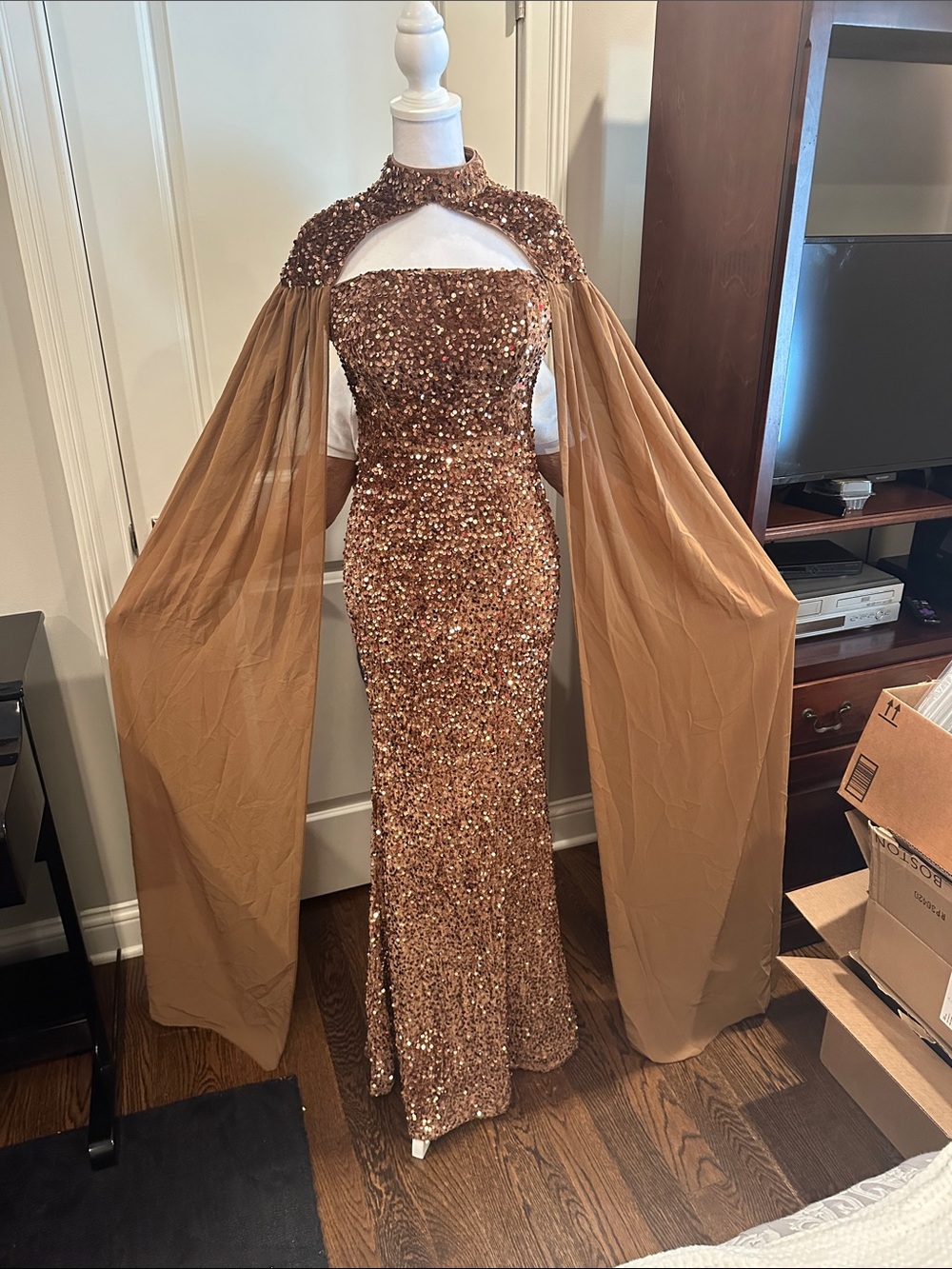 Strapless Gold Sequin Mermaid Gown with Sheer Cape